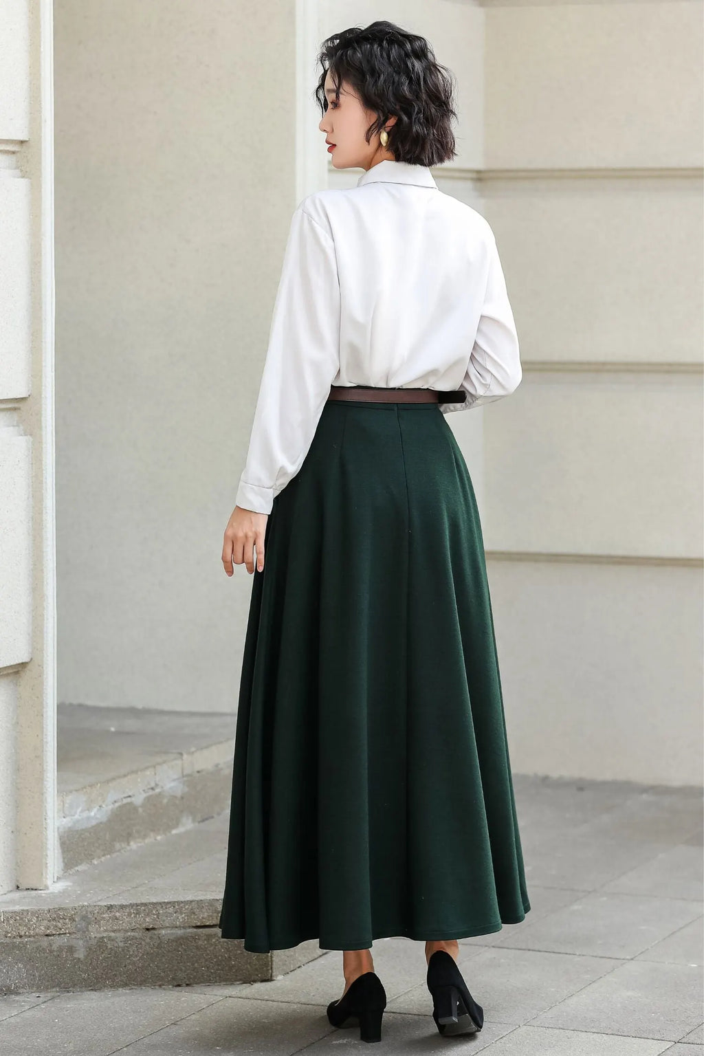 Dark Green Wool A-Line Ankle-Length Skirt - Flowy Elegant Winter Style 6976