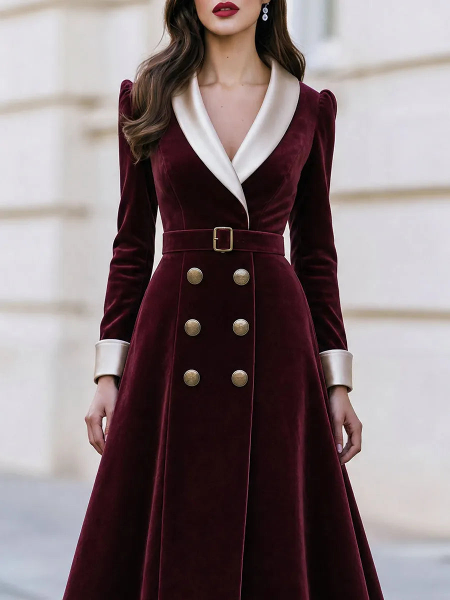 Satin‐Lapel Belted Double‐Breasted Velvet Midi Fit‐and‐Flare Dress