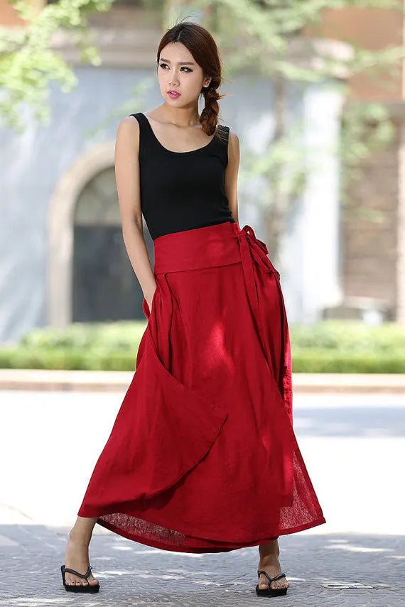 Red Linen Cotton Wrap Maxi Skirt – Handmade High Waist Summer Skirt 1025