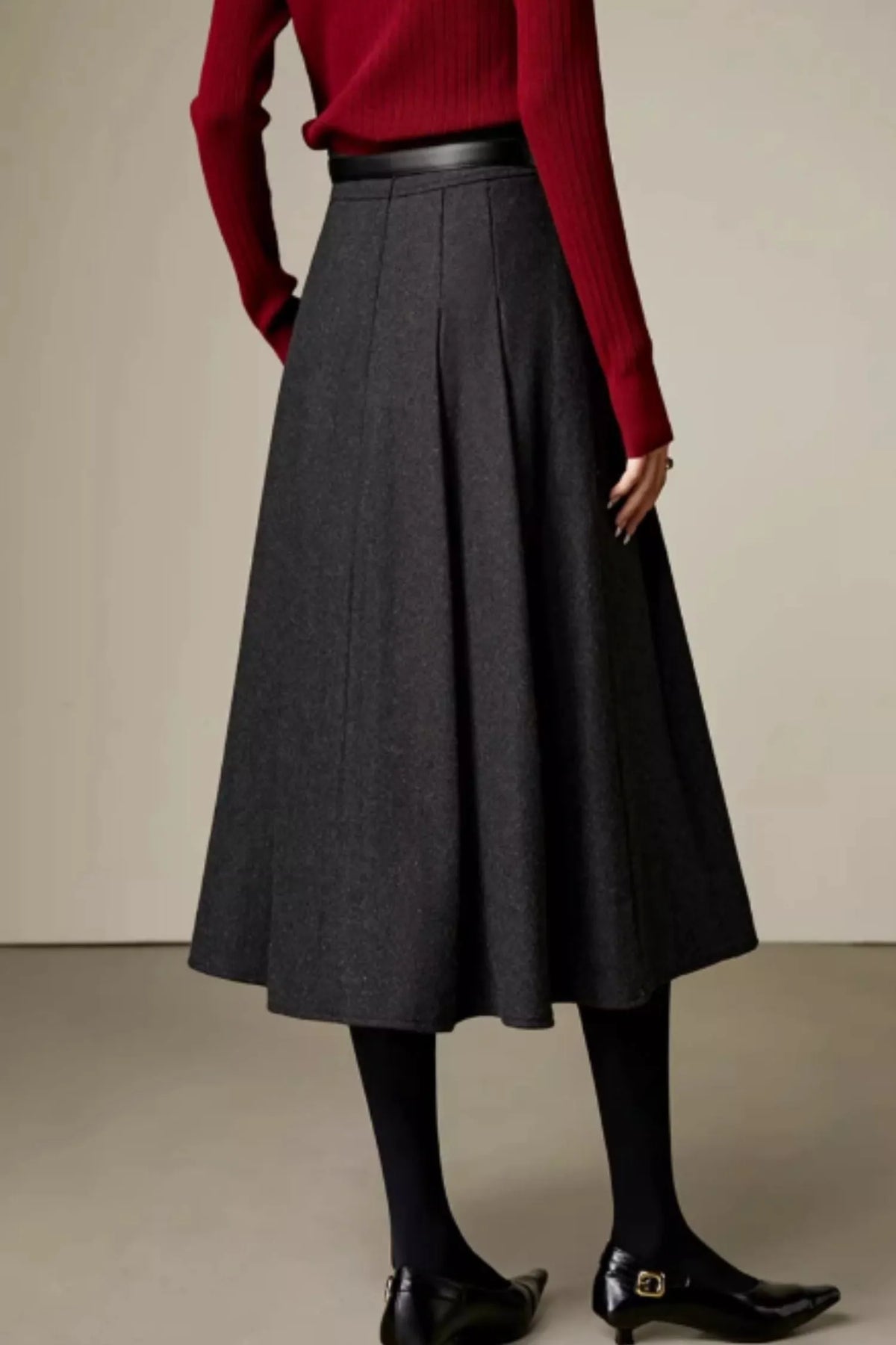 Gray Wool A-Line Midi Skirt - Tailored Winter Essential 6358