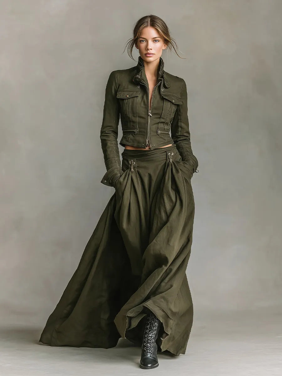 Women's Green Edgy 100% Cotton Zip - Front Cropped Jacket And Maxi Skirt Set 