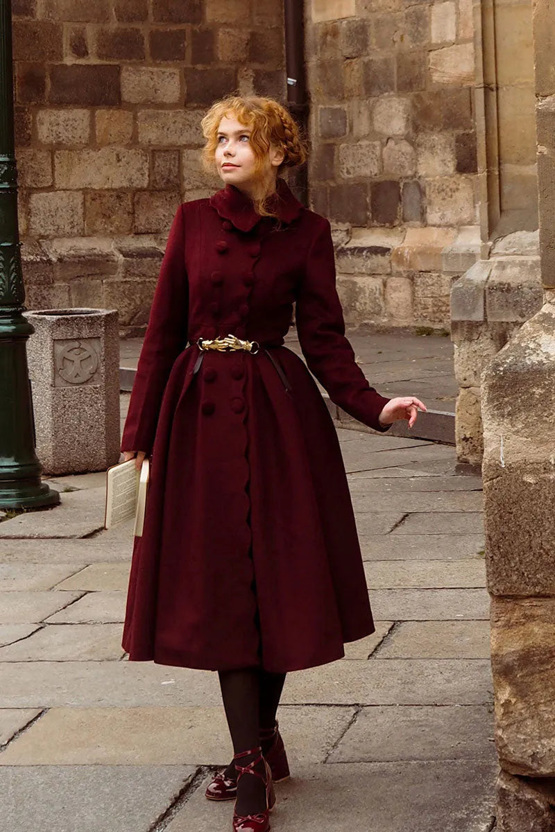 Handmade Burgundy Wool Coat – Vintage Winter Princess Dress Coat 4743