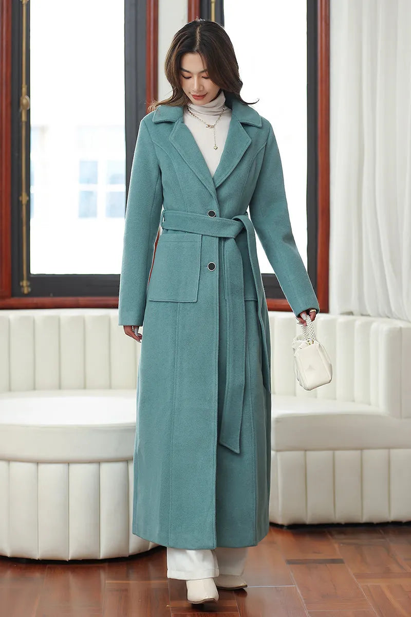 Minimalist Wool Blend Coat – Handmade Light Teal Long Winter Overcoat 