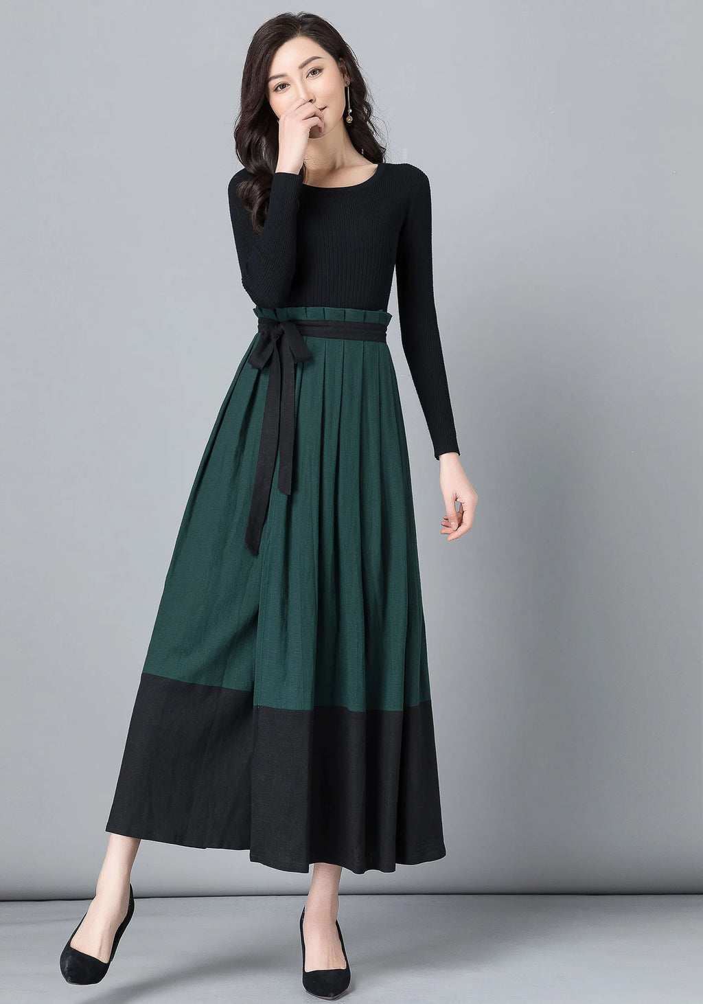 Handmade Wool Wrap Maxi Skirt – Dark Green & Black Color-Block 