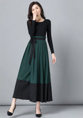 Handmade Wool Wrap Maxi Skirt – Dark Green & Black Color-Block 