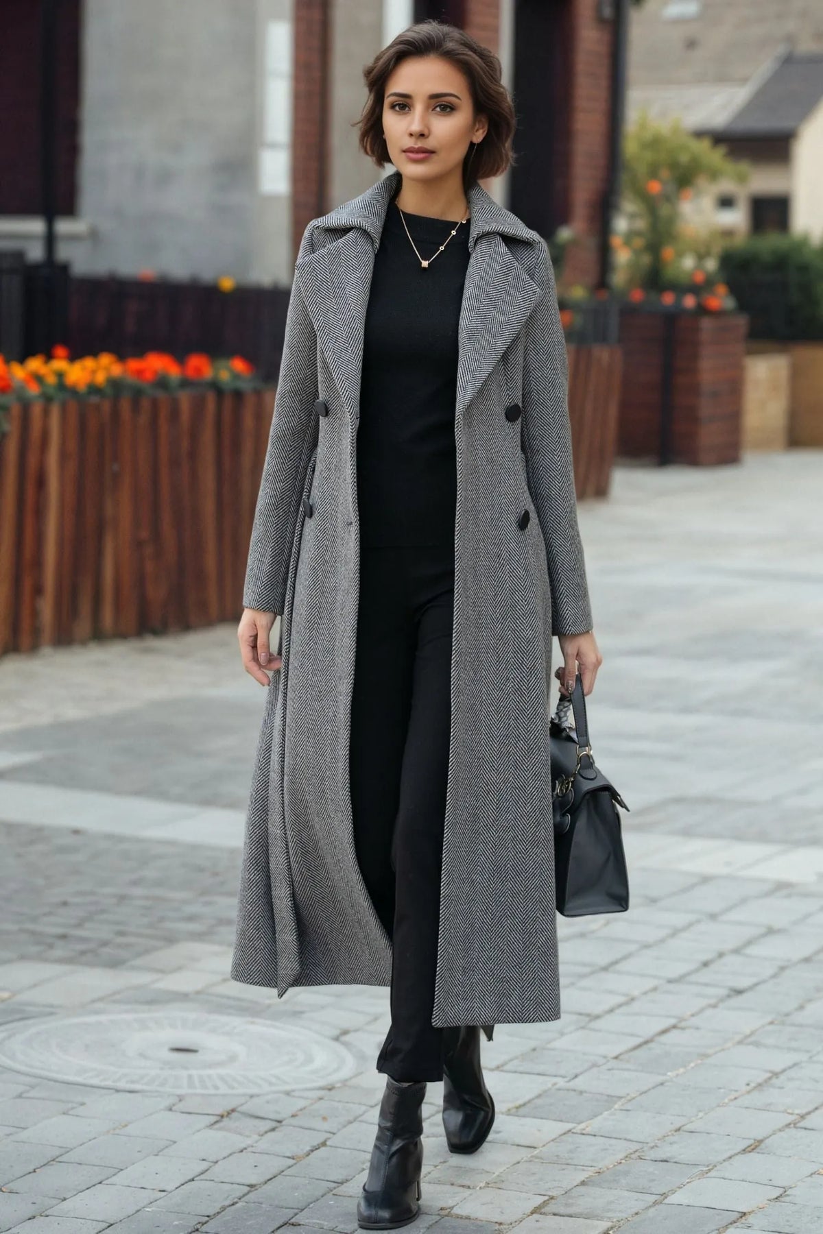 Gray Wool Long Trench Coat - Double Breasted Tie Waist 6288