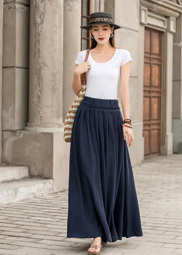 Blue Cotton Linen Maxi Skirt - High Waist Pleated Swing with Pockets 2847