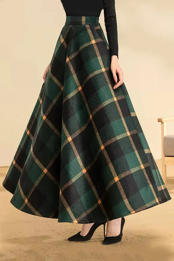 Green Wool Maxi Skirt - Vintage Plaid High-Waist A-Line 3949