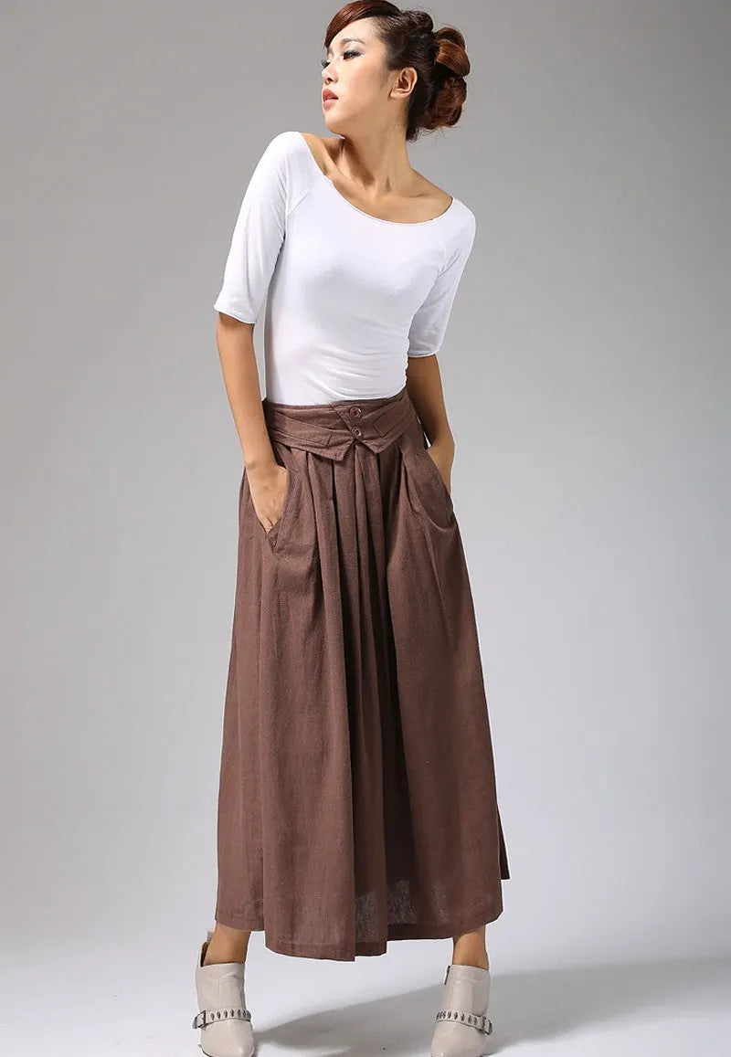 Women’s Brown Linen-Cotton Maxi Skirt – Elastic Waist Long Pleated Skirt 