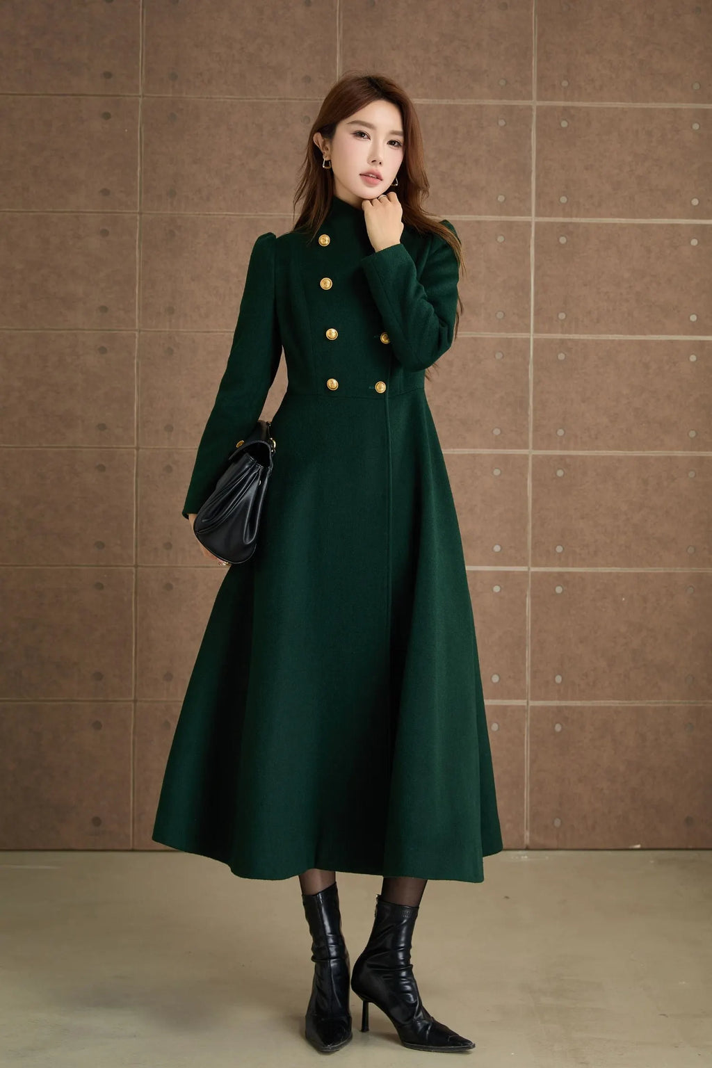 Green Wool Midi Coat - Fit and Flare Double Breasted Winter Outerwear 5368