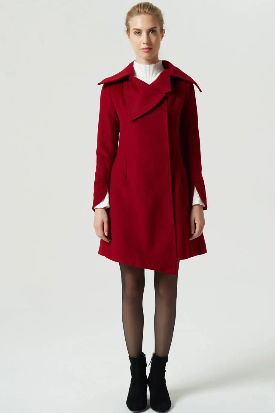 Wine Red Wool Blend Coat – Handmade Minimalist Winter Elegance 1961