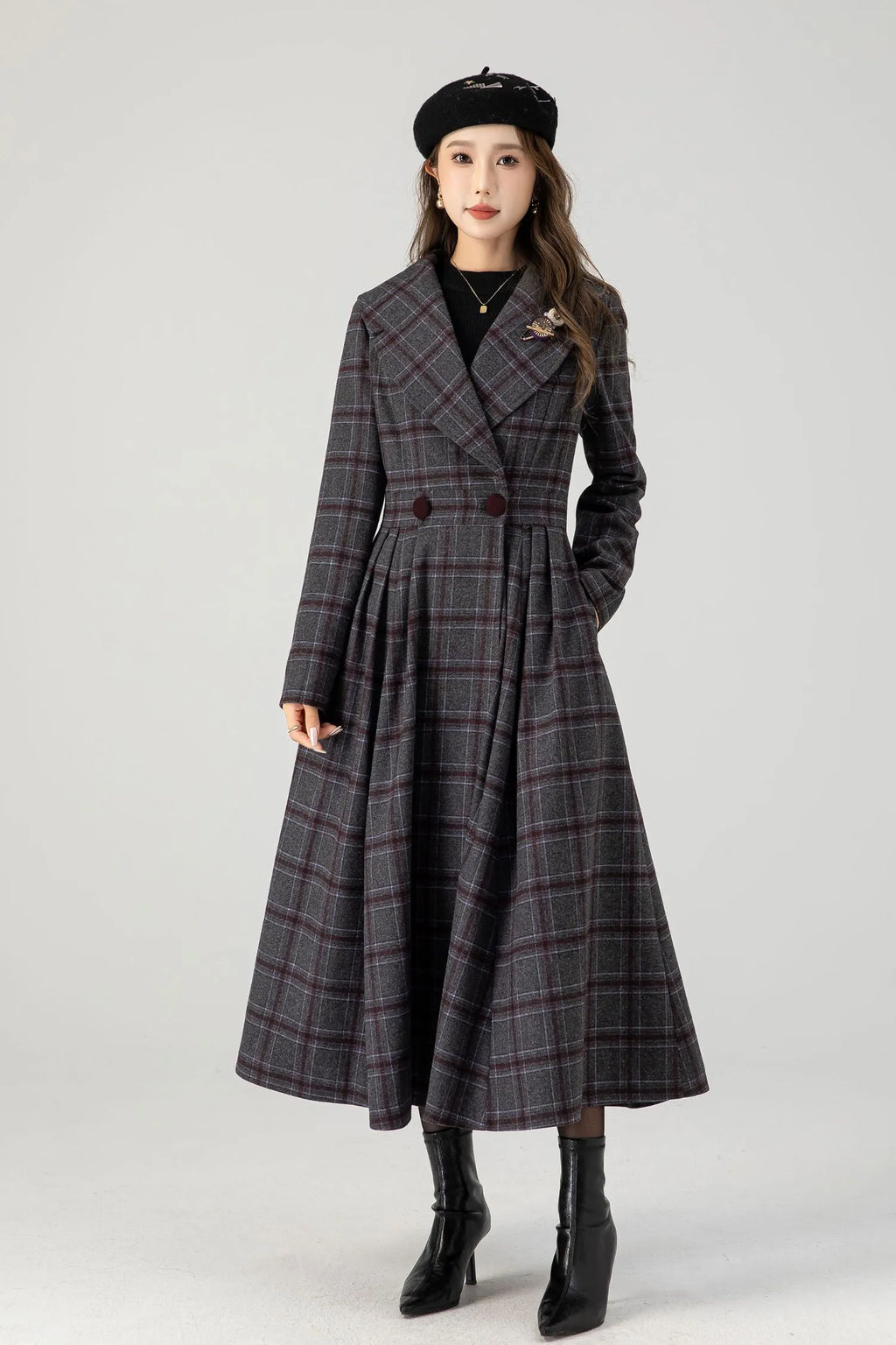 Handmade Plaid Wool Coat – Vintage Fit & Flare Double-Breasted Winter Overcoat 