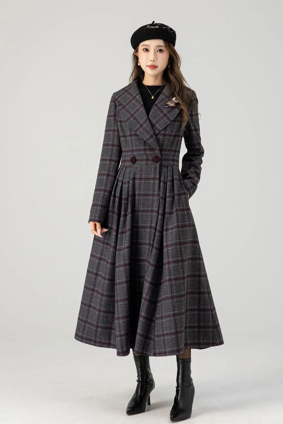 Handmade Plaid Wool Coat – Vintage Fit & Flare Double-Breasted Winter Overcoat 