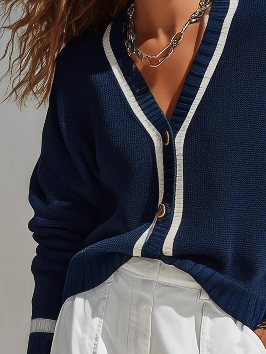 Retro Casual Color-blocked Striped Knit Cardigan