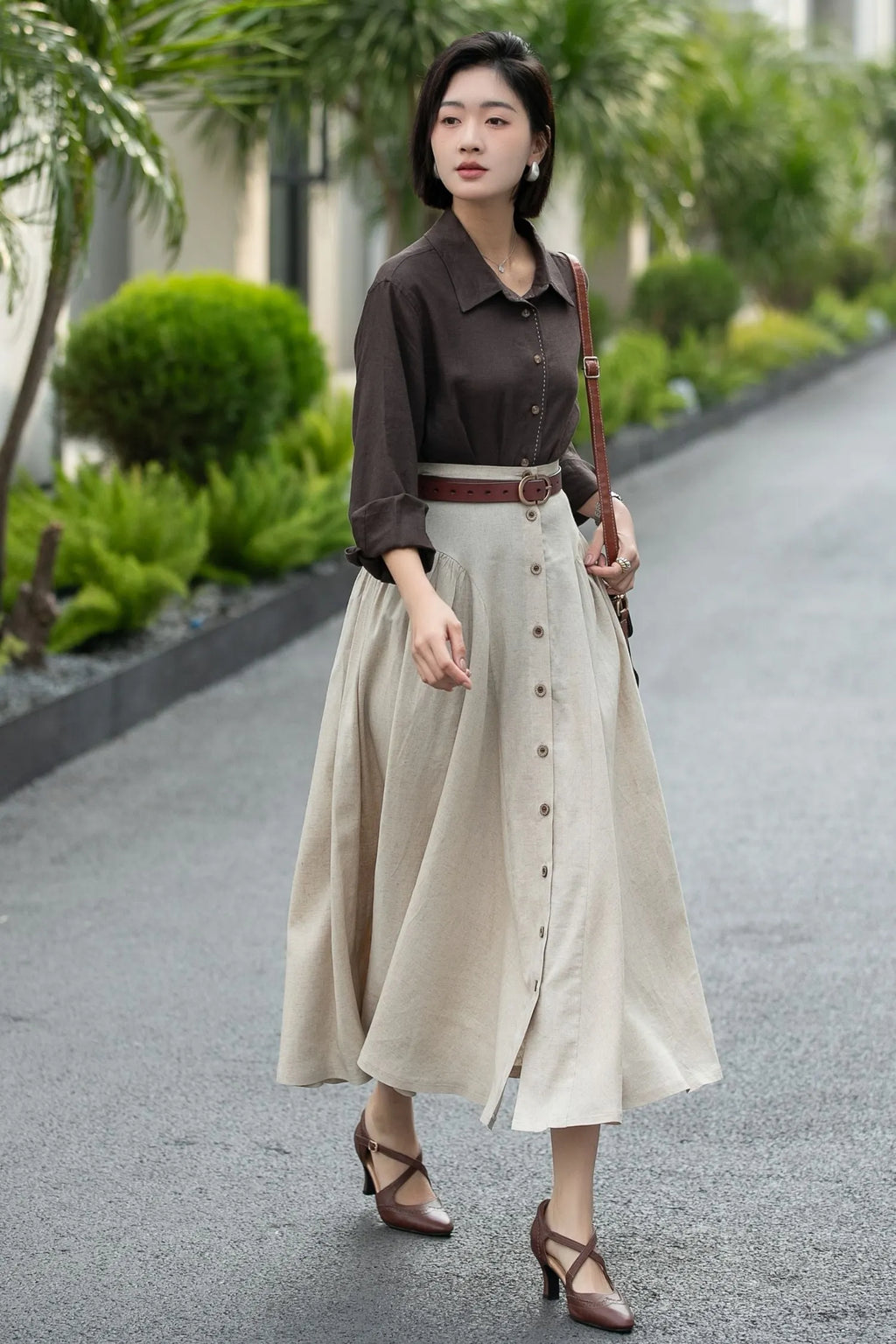 Beige Linen Midi Skirt – High Waist A-Line Button Front Skirt 6666 -Size xs #CK2600002