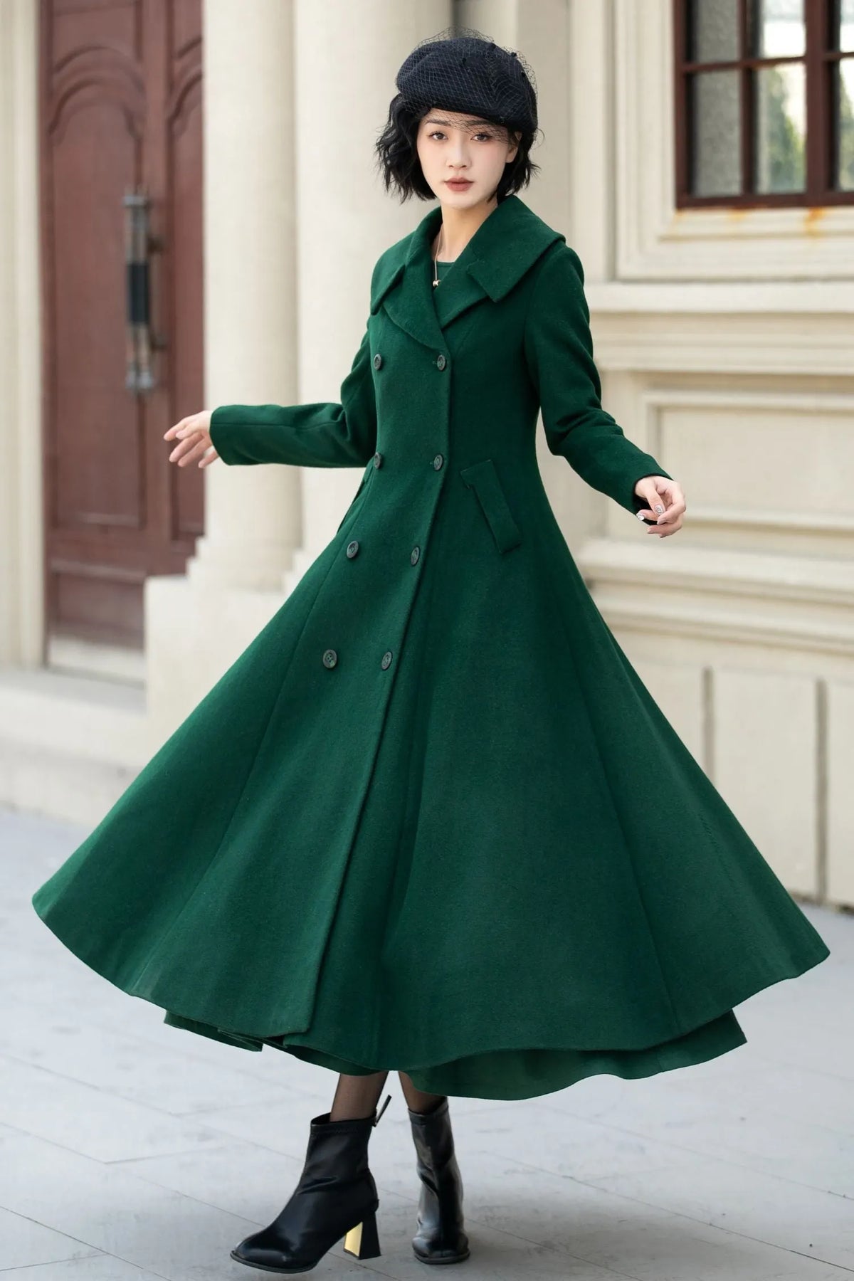 Dark Green Wool Coat - Double Breasted, A-Line Flared Silhouette 5452