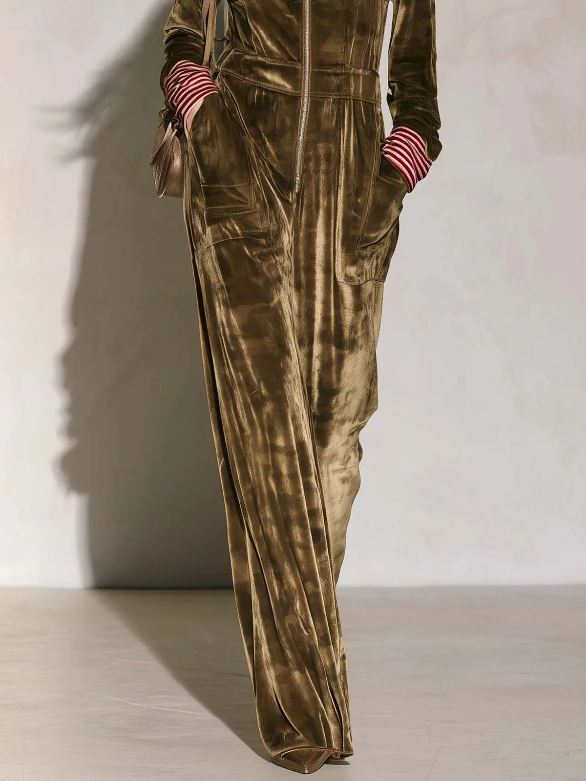 Vintage Utility Camo Olive Velvet Hooded Zip-Up Wide Leg Long Sleeve Jumpsuit