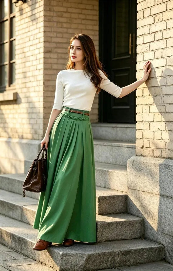 Blue Cotton Linen Maxi Skirt - High Waist Pleated Swing with Pockets 2847