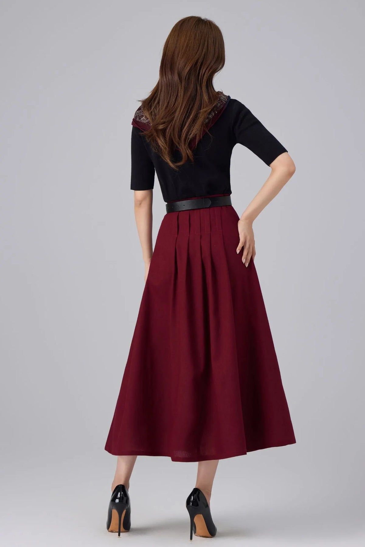 Burgundy Linen Midi Skirt - High Waist Pleated A-Line 