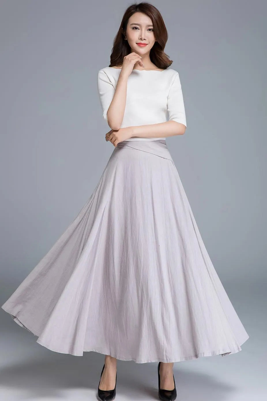 Feminine Swing Maxi Linen Skirt Pale Grey Lavender  – High-Waisted – 1666
