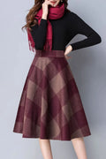 Plaid Wool Knee Length Skirt - Elastic Waist with Pockets 4642