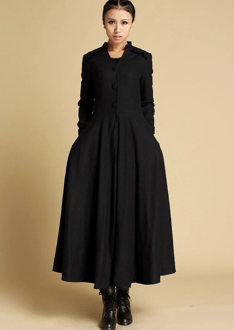 Handmade Wool Long Coat – Vintage Black Fit & Flare Winter Dress Coat 