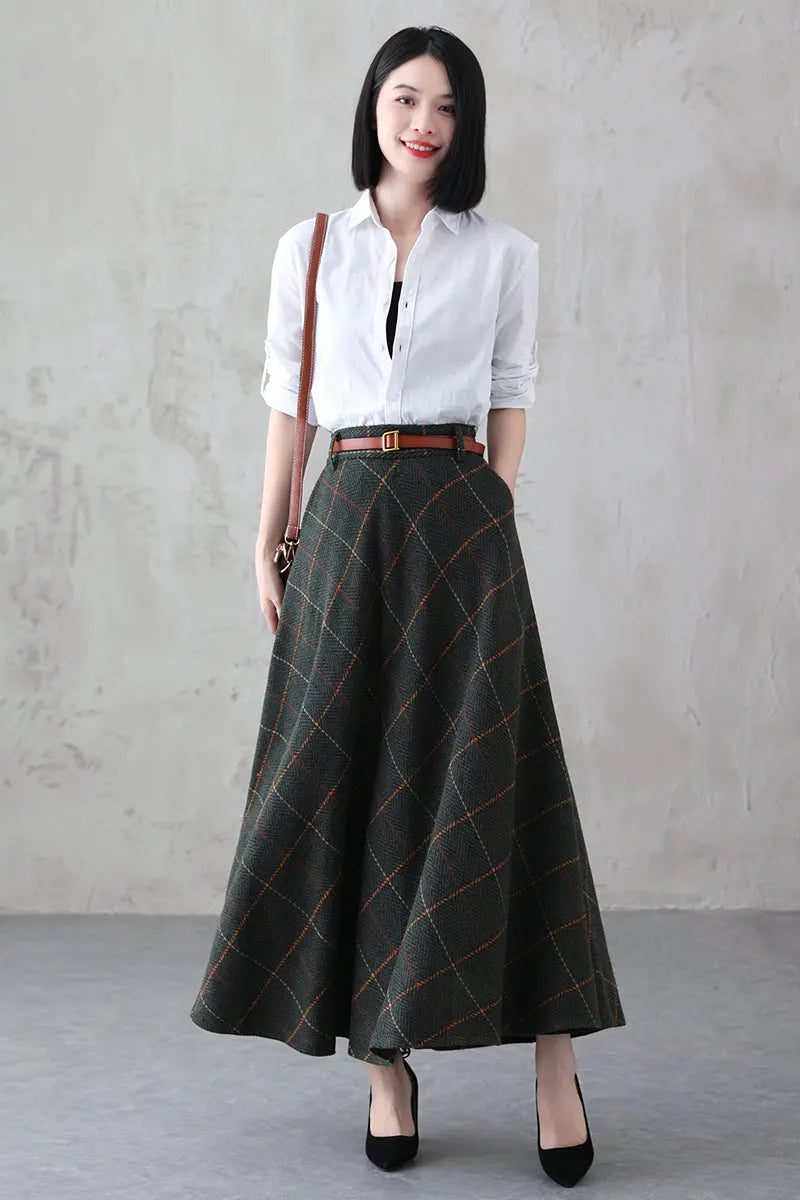 Green Plaid Wool Maxi Skirt – Vintage Swing High Waist Winter Skirt with Pockets 3841