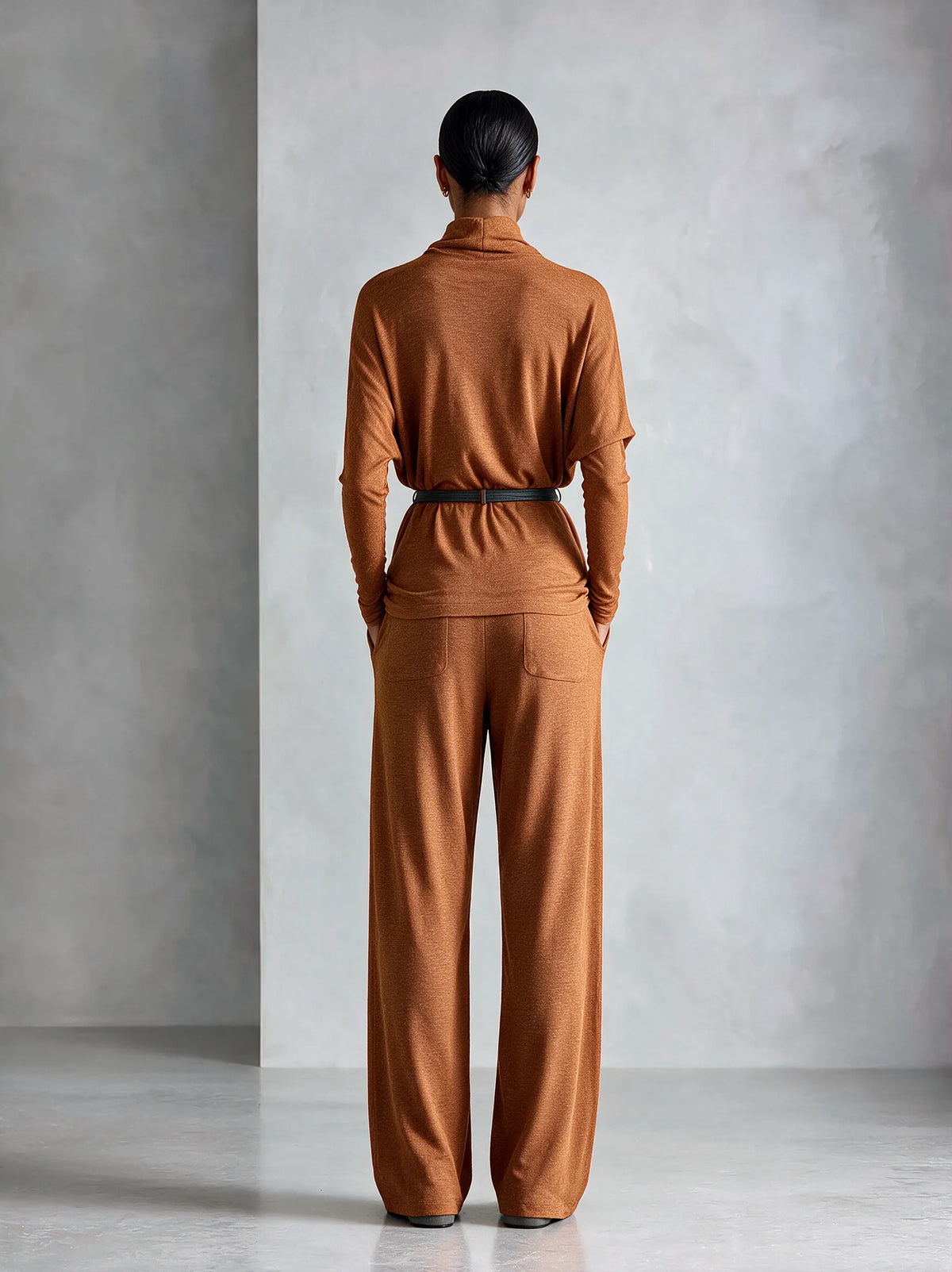 Women's Turtleneck Relaxed‑Fit Knit Top & Draping Wide‑Leg Trousers Set MDZ0238I7R