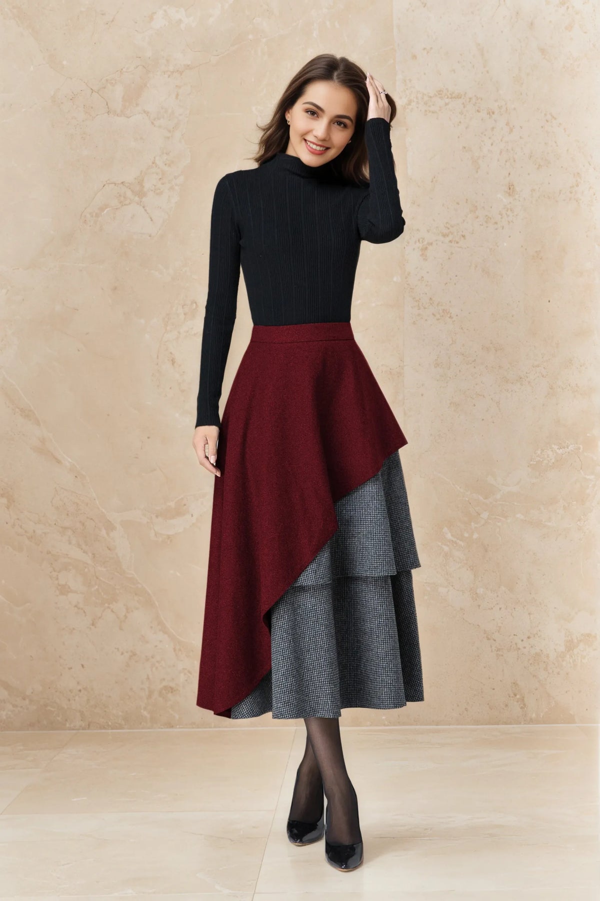Dark Red Wool Maxi Skirt - Layered Houndstooth & Asymmetrical Hem 6516