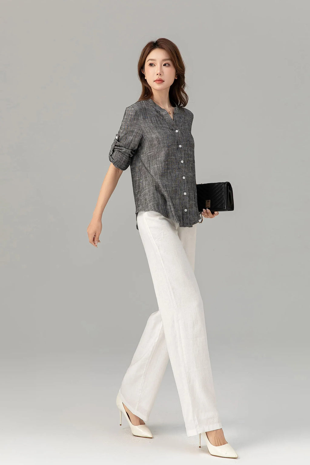 Charcoal Linen Blouse - Button-Down, Long Sleeve, Loose Fit 4915