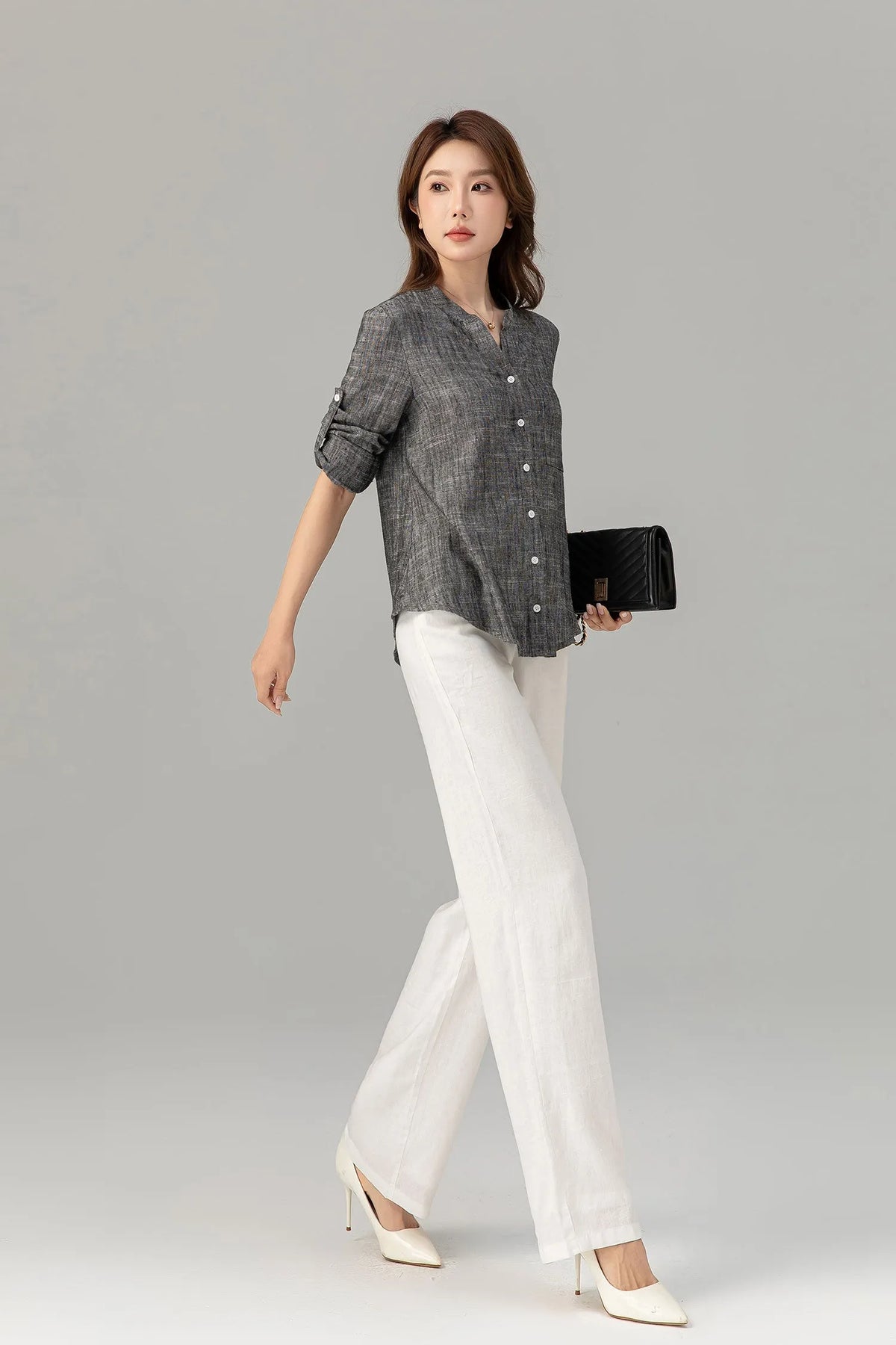 Charcoal Linen Blouse - Button-Down, Long Sleeve, Loose Fit 4915
