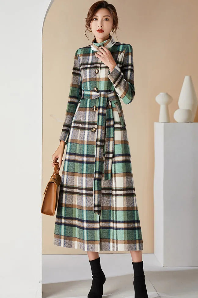 Handmade Green Plaid Wool Coat – Elegant Belted High Neck Long Overcoat 