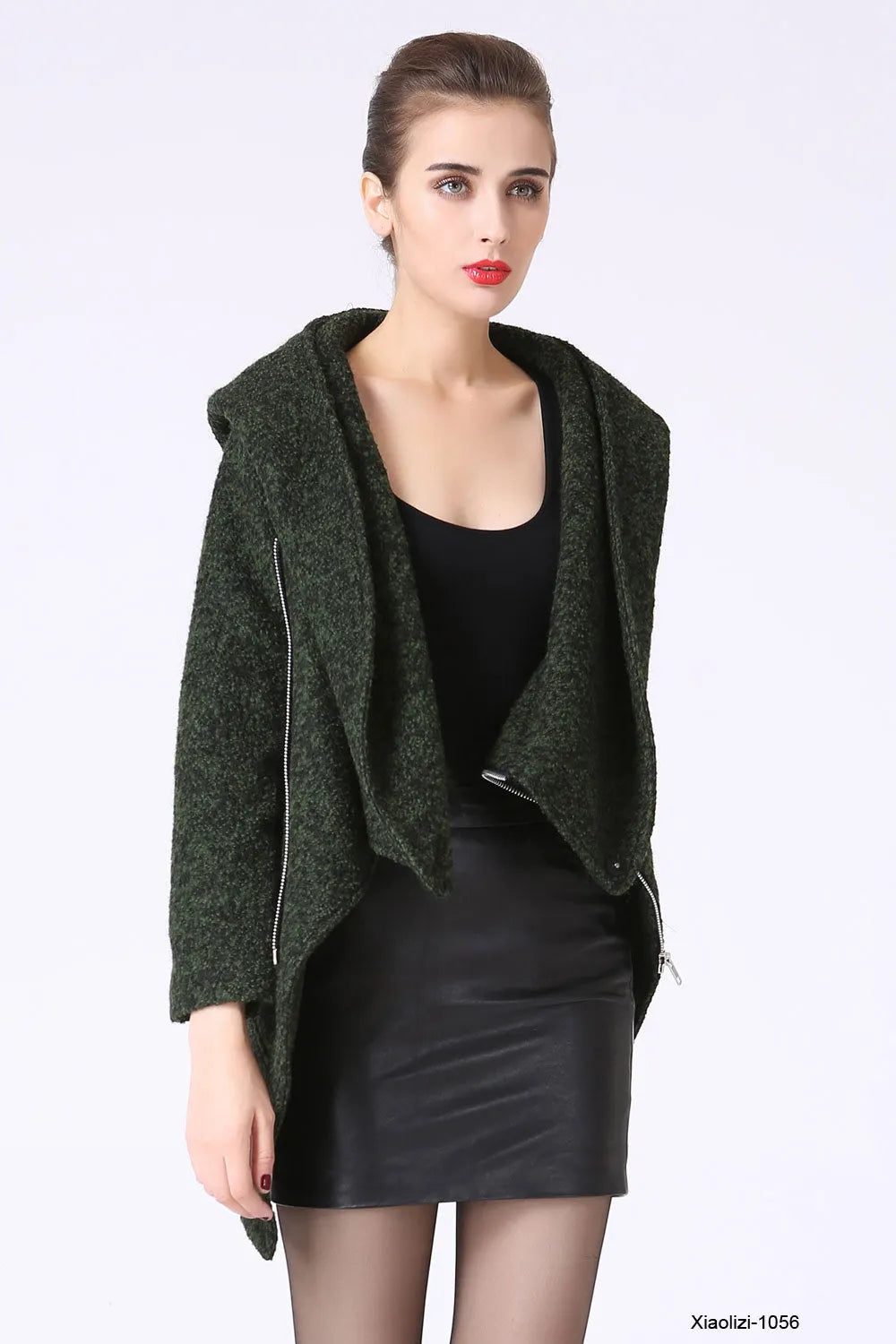 Forest Green Asymmetrical Wool Coat with Snood Hood – Modern Short Winter Jacket 1056
