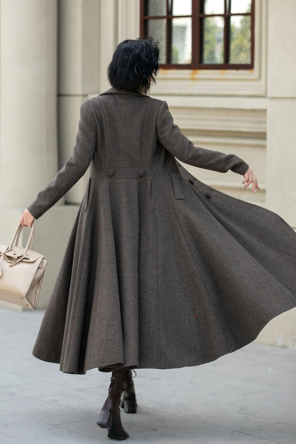 Chocolate Brown Wool Maxi Coat - Vintage Double-Breasted Fitted Waist 5460