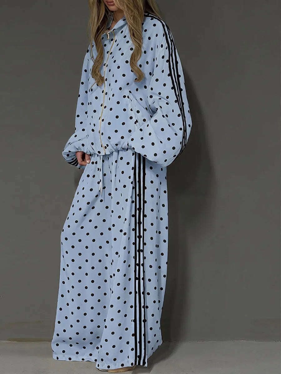 Women's Stand-collar Long-sleeve Loose-fit Polka Dot Top And High-waisted Wide-leg Pants Set