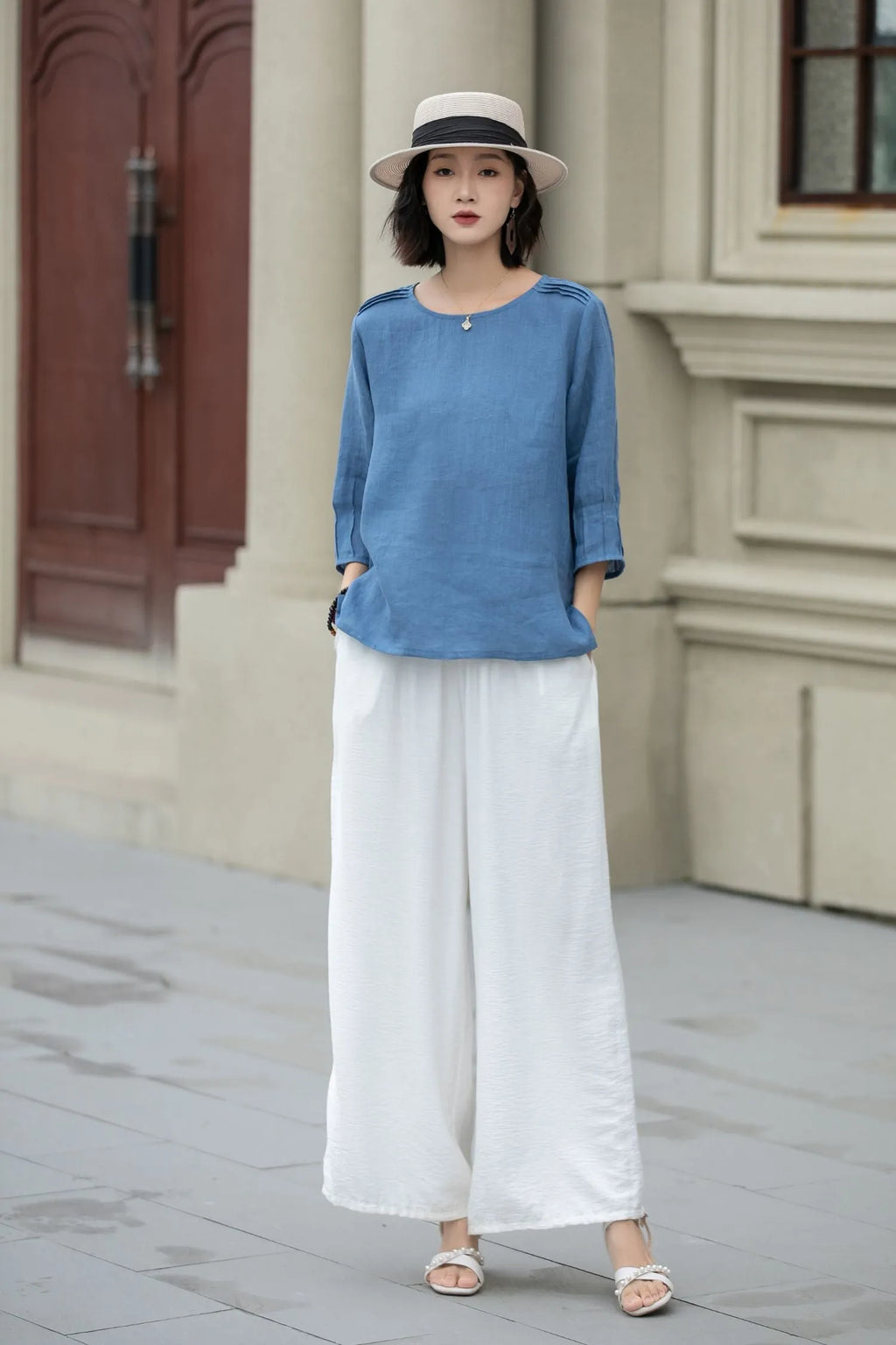 Blue Linen Blouse - Loose Fit with Boat Neckline 5221