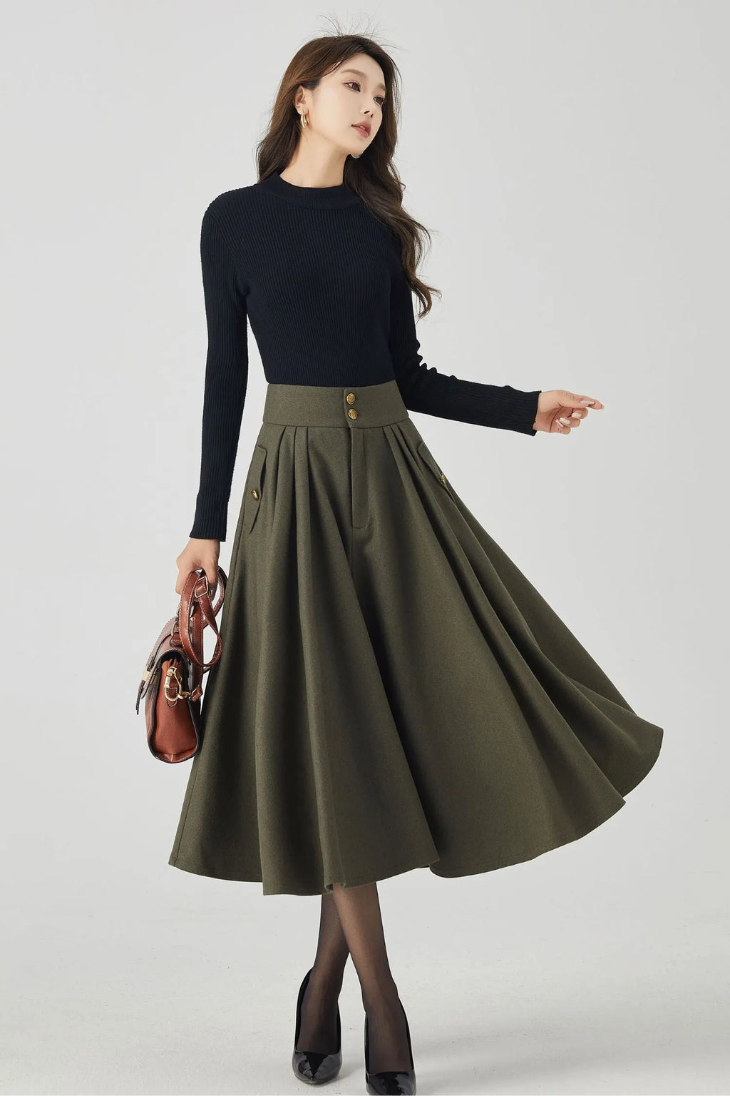 Army Green Wool Pleated Skirt - Elegant Below Knee Silhouette 4530
