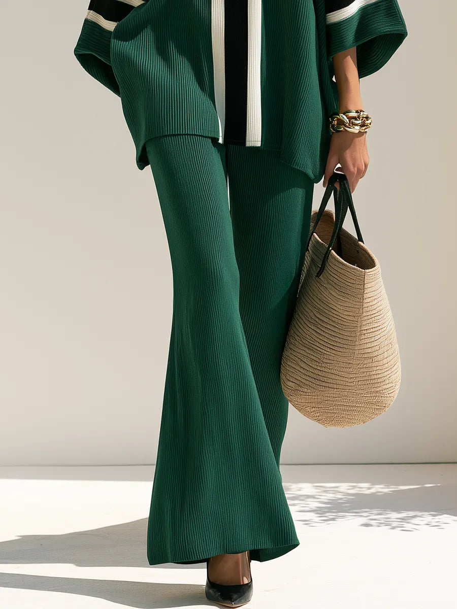 Retro-style Color-block Patchwork Batwing-sleeve Top And Flared Pants Set