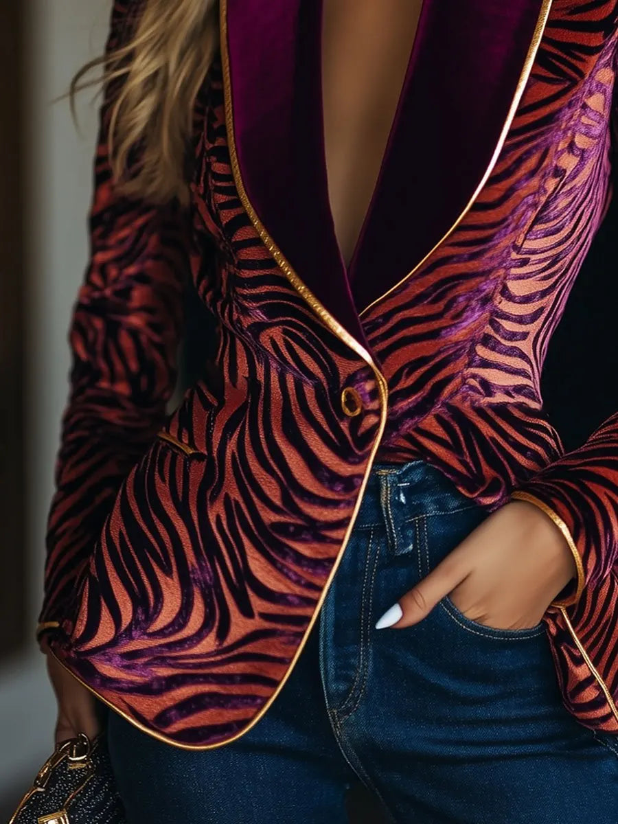 Casual Loose Vintage Velvet Zebra Pattern Gold Wire Striped Lapel Pocket Blazer