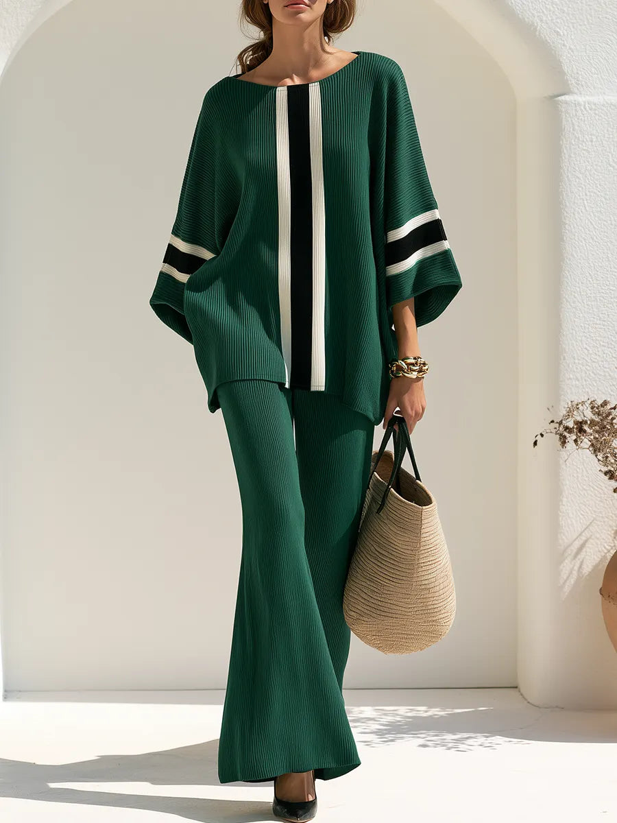 Retro-style Color-block Patchwork Batwing-sleeve Top And Flared Pants Set