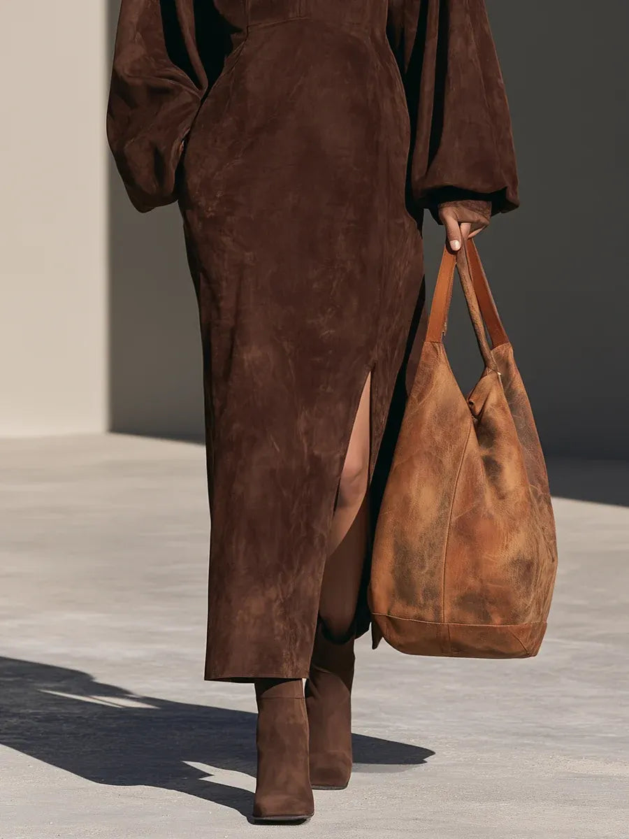 Elegant Brown Suede Half-Zip Long Sleeve Maxi Dress with Side Slit