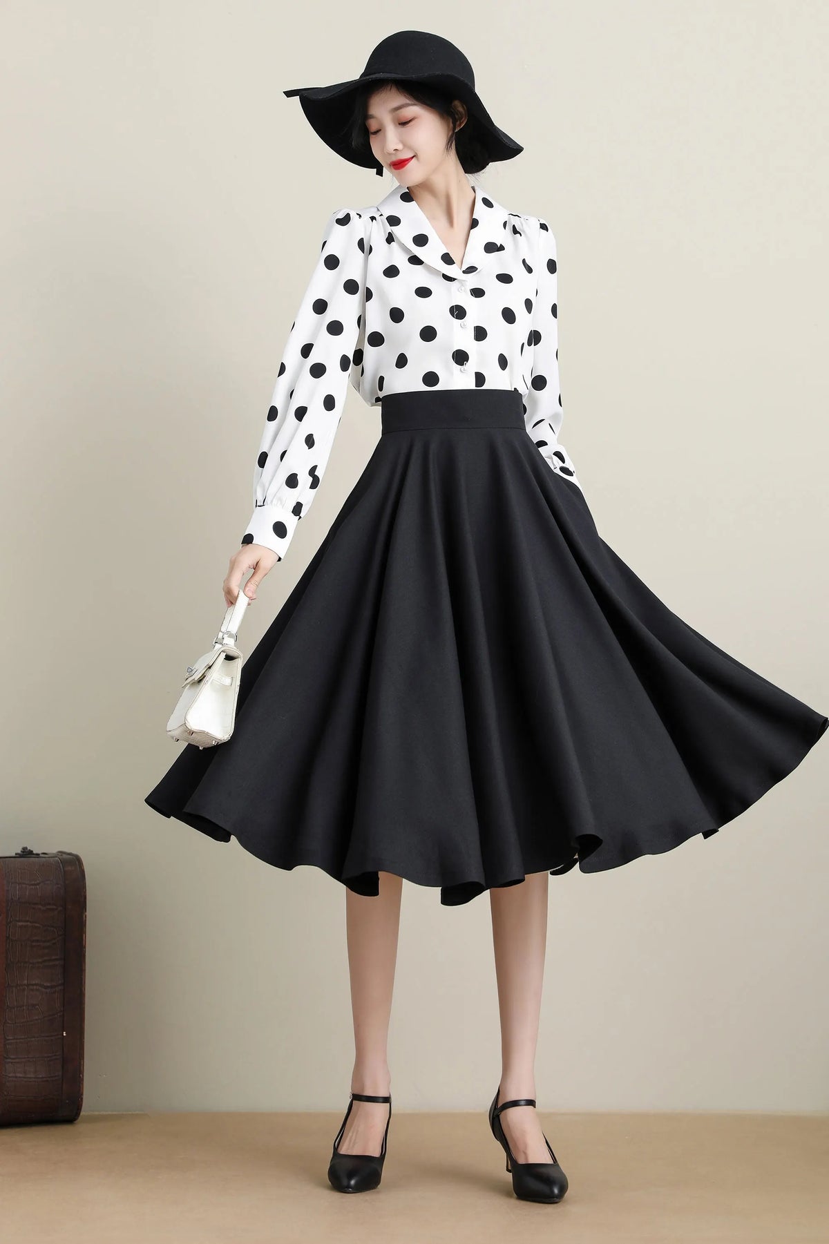 Black Cotton Linen Midi Skirt - High Waist Circle Swing 