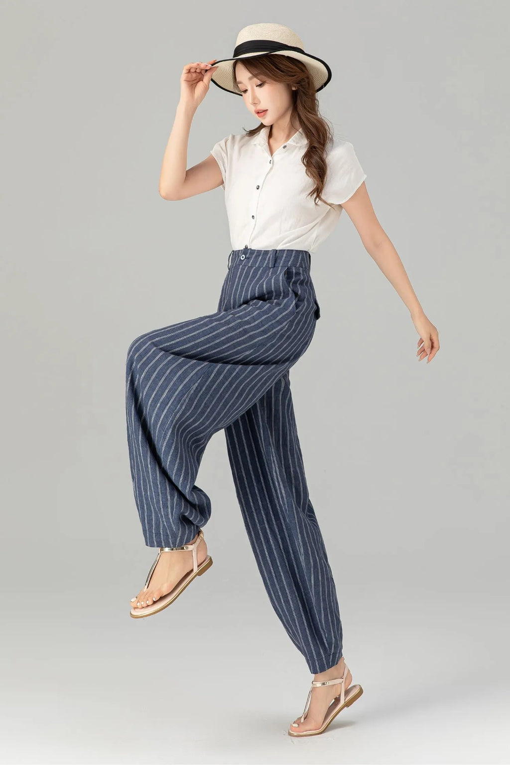 Blue Linen Pants - Plus Size Striped Ankle-Length Relaxed Fit 4939