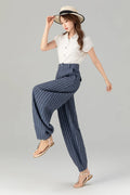 Blue Linen Pants - Plus Size Striped Ankle-Length Relaxed Fit 4939