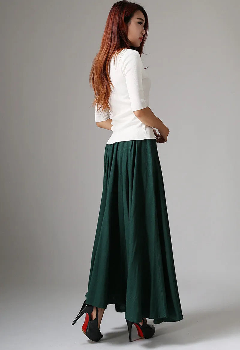 Handmade Green Linen Maxi Skirt – Vintage High Waist A-Line Skirt 