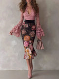 Elegant Lace Top With Flared Sleeves & Vintage Oil Painting Print Velvet Midi Skirt Set