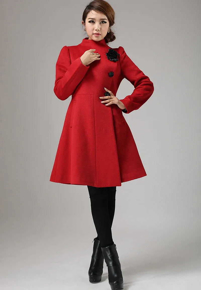Red Wool Winter Coat – Vintage Fit and Flare Asymmetric Button Overcoat 734