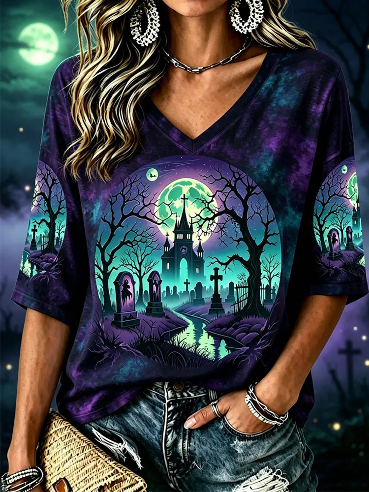 Women's Gothic Halloween Night Ancient Tomb Short-sleeve Top