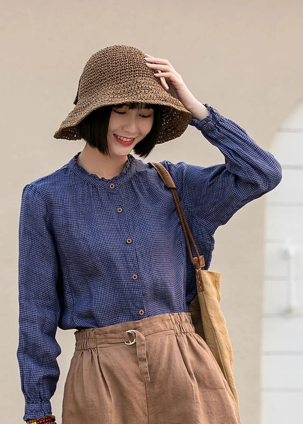 Blue Linen Blouse - Vintage Check Ruffle Crew Neck 2833