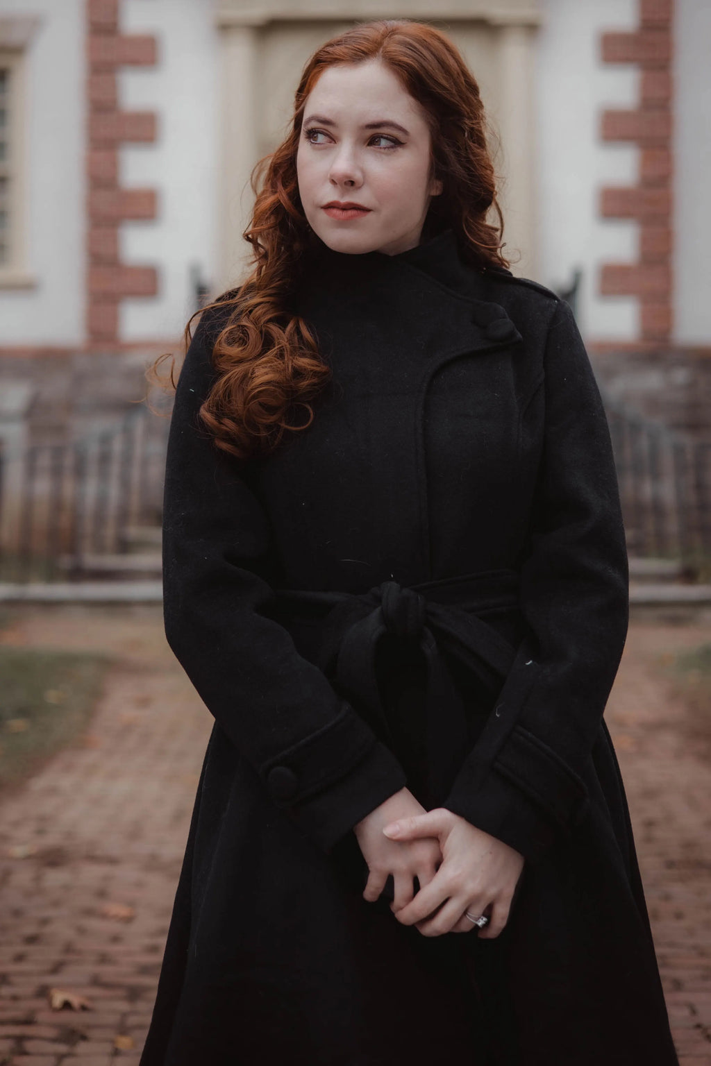 Black Wool Blend Long Coat - Asymmetrical Hem with Stand Collar 3257